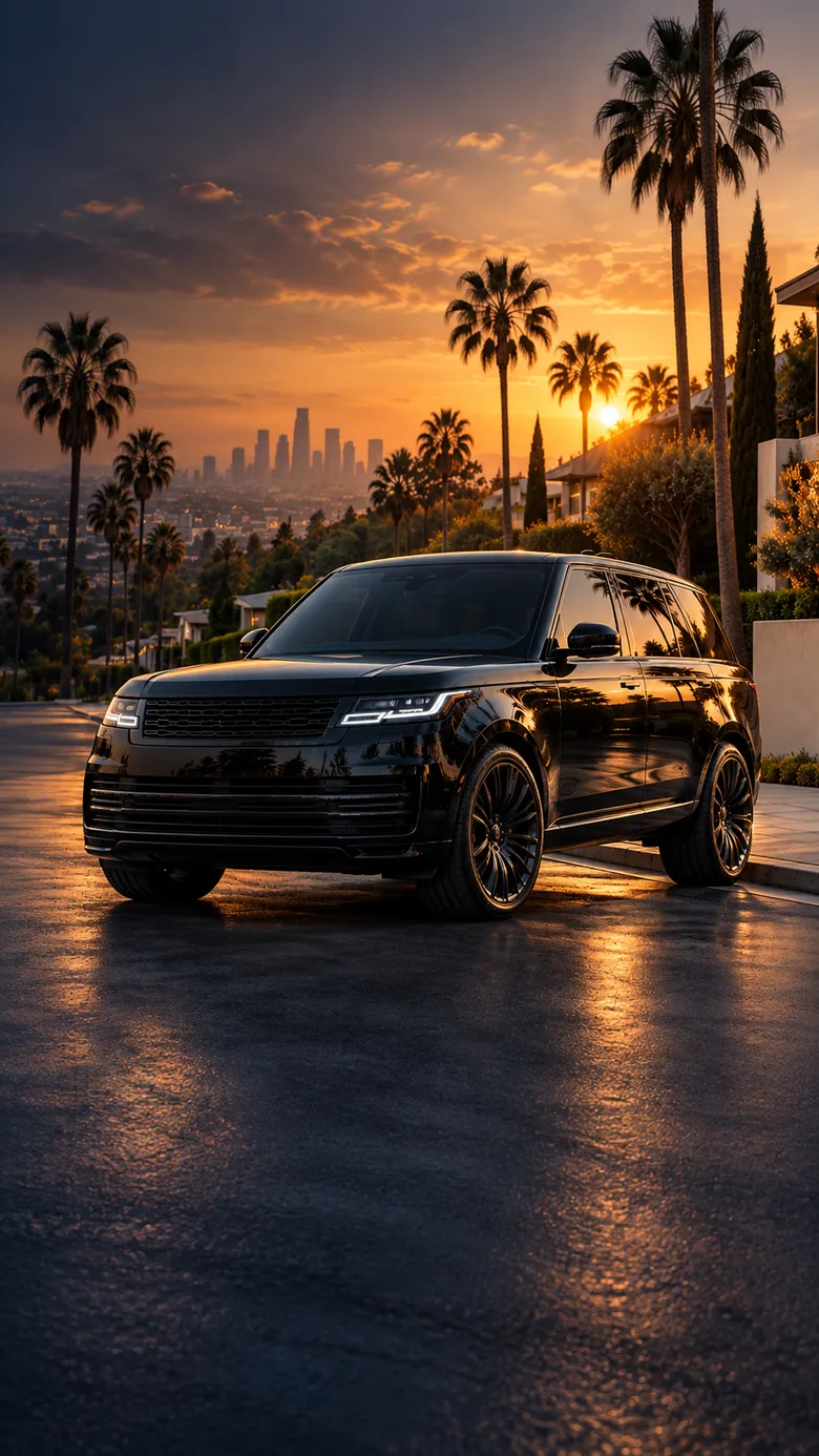 Black luxury SUV parked at sunset in Los Angeles